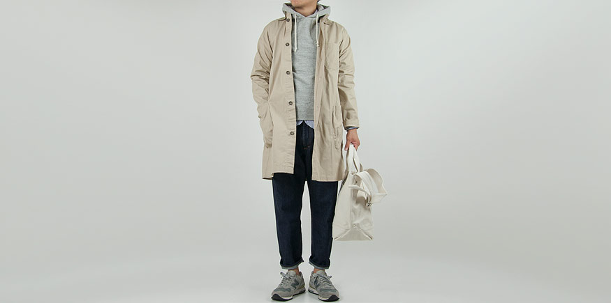 LOLO 高密度コットンシャツコート BEIGEを使った着こなしコーディネート