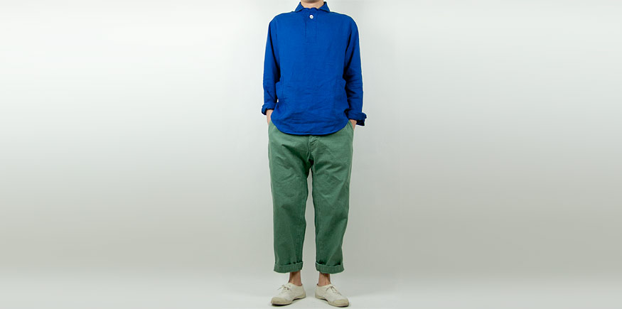 LOLO リネンプルオーバーシャツ ROYAL BLUEを使った着こなしコーディネート