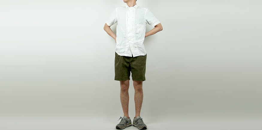 TATAMIZE CORDUROY WORK SHORTS OLIVEを使った着こなしコーディネート