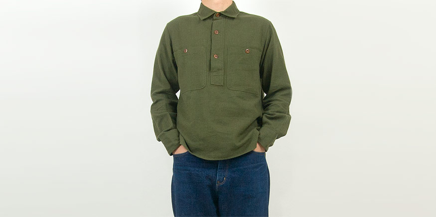 MHL. JAPANESE WOOL SHIRTING OVERHEAD SHIRT 180OLIVE 〔メンズ〕