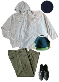 homspun 88/1ストライプ 7分袖丸襟ブラウス